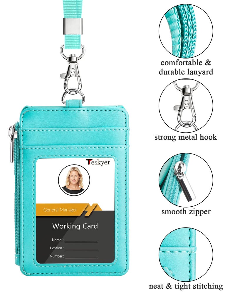 Teskyer Badge Holder with Side Zip Pocket, Multiple Card Slots Leather ID Holder Wallet with Neck Lanyard for Office Staffs, Teachers/Students, Couriers, Workers, Cyan - Image 3